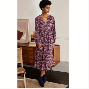 Boden Willow Midi Dress Women’s Size 8P Regular Floral Long Sleeve Red Navy Blue